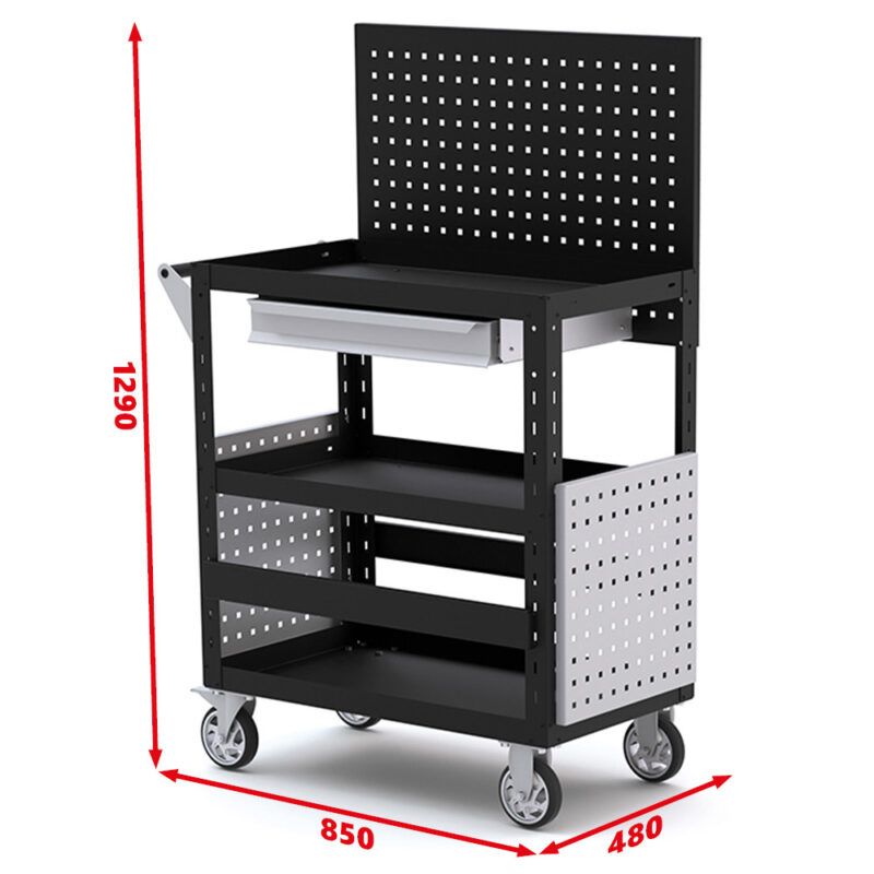 Desserte d'atelier 3 plateaux 1 tiroir et options 850 x 480 x 1290-DES3P-TFP-SORI (2)